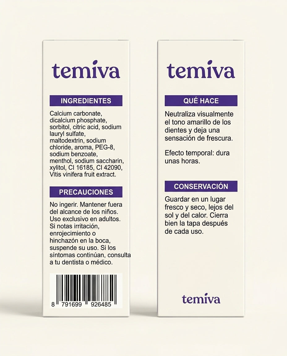 Tabletas Matizadoras Temiva | Neutralizan el tono amarillo de tus dientes
