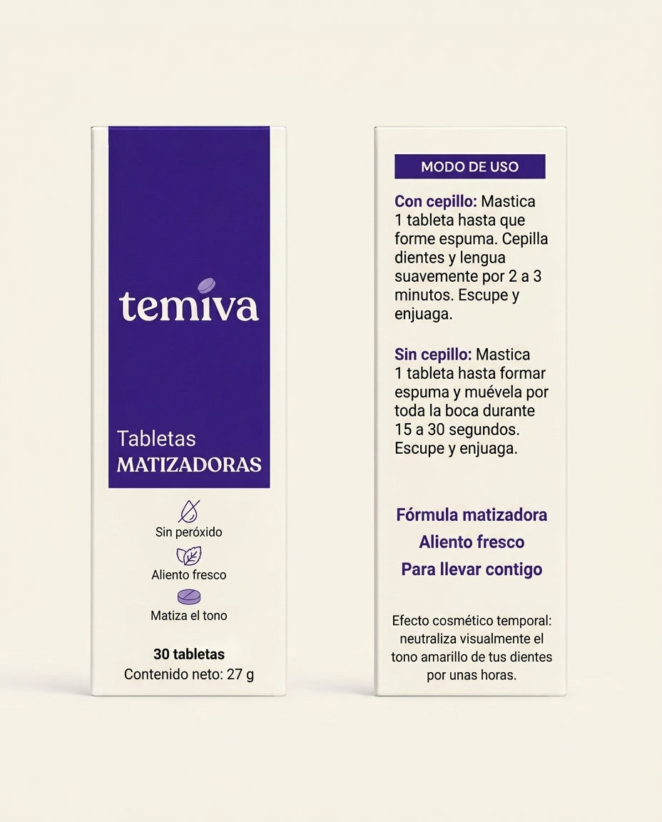 Tabletas Matizadoras Temiva | Neutralizan el tono amarillo de tus dientes