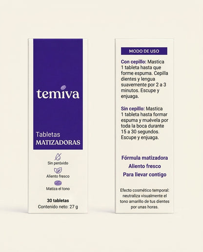 Tabletas Matizadoras Temiva | Neutralizan el tono amarillo de tus dientes